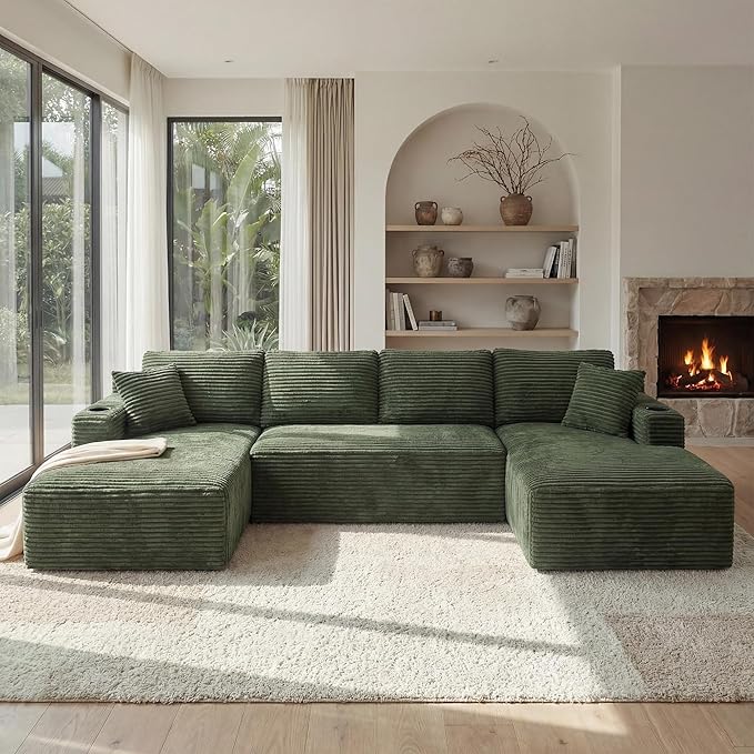 125 Inch Modular Sectional Sofa, Cloud Couch Oversized U Shaped Corduroy Sofa with Storage & Cupholders, Modern Deep Seat Boneless Couches for Living Room, No Assembly Required, Green