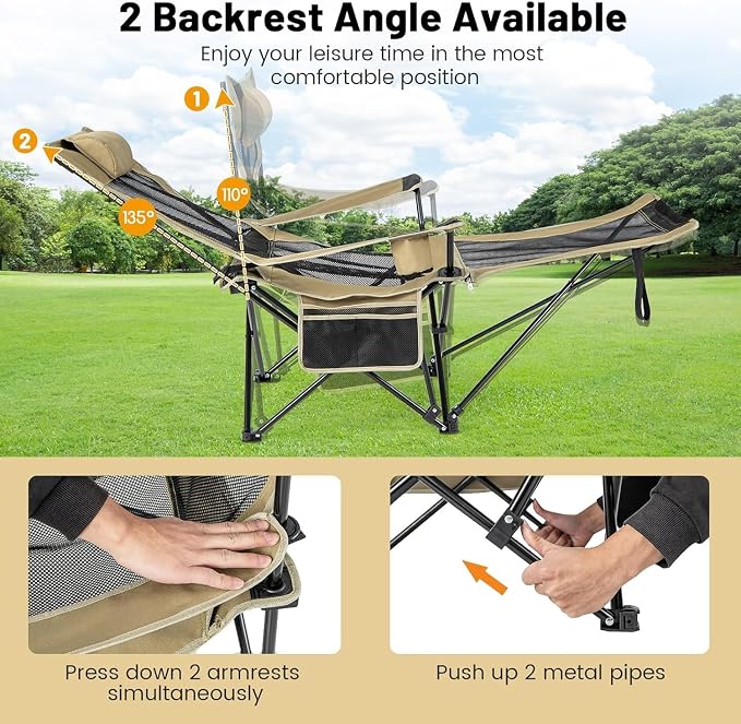 GYMAX Camping Chair, Adjustable Reclining Lounge Chair w/Removable Footrest, Padded Pillow, Cup Holder & Side Pocket, Folding Camping Mesh Chair w/Carry Bag for Outdoor Patio Lakeside (1, Khaki)