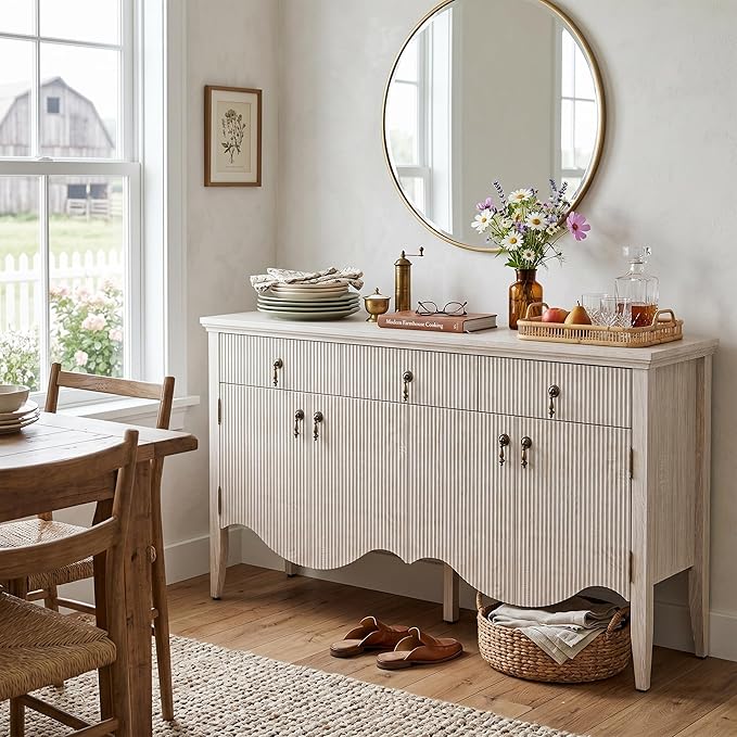 FUSUNBAO 57-Inch Sideboard Buffet Cabinet with 3 Drawers and 4 Doors, Vintage Fluted Sideboard with Scalloped Base, Vintage Storage Cabinet for Dining Room, Organic Modern Accent Cabinet, White Oak