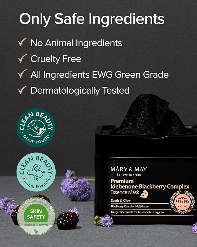 Mary&May Premium Idebenone Blackberry Complex Essence Mask (20 Sheets) – Bamboo Charcoal Sheet, Daily Pull-Out Dispenser Korean Face Mask with Vitamin C, Panthenol & Ceramide for Hydrating Radiance
