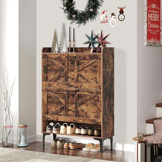 MAHANCRIS Shoe Storage Cabinet, Shoe Organizer with 2 Flip Drawers, Hidden Shoe Storage for Entryway, Freestanding Organizer with Open Storages, Rustic Brown SHHR9401N1