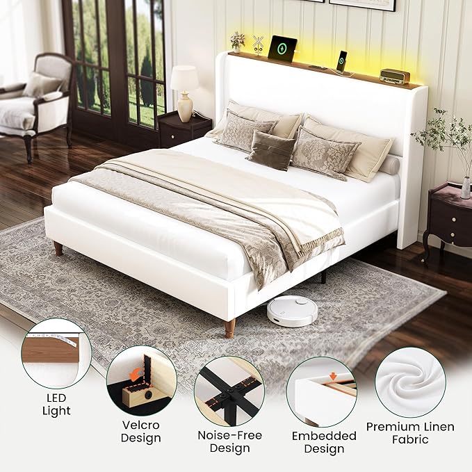 LARMACE King Size Bed Frame with LED Lights and Charging Station Linen Upholstered Platform Bed Frame with 51.2" Tall Wingback Headboard and Storage Shelf, No Box Spring Needed, Easy Assembly, Cream