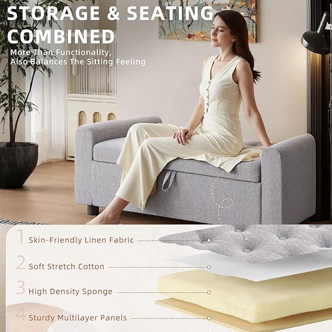 48" Ottoman with Storage, Tufted Storage Ottoman Bench, Convenient Living Room Fabrics Bench Seat, Entryway Shoe Benches with Inner Zipper & Arm, Rivetless Upholstered Window Seat Ottomans, Light Grey