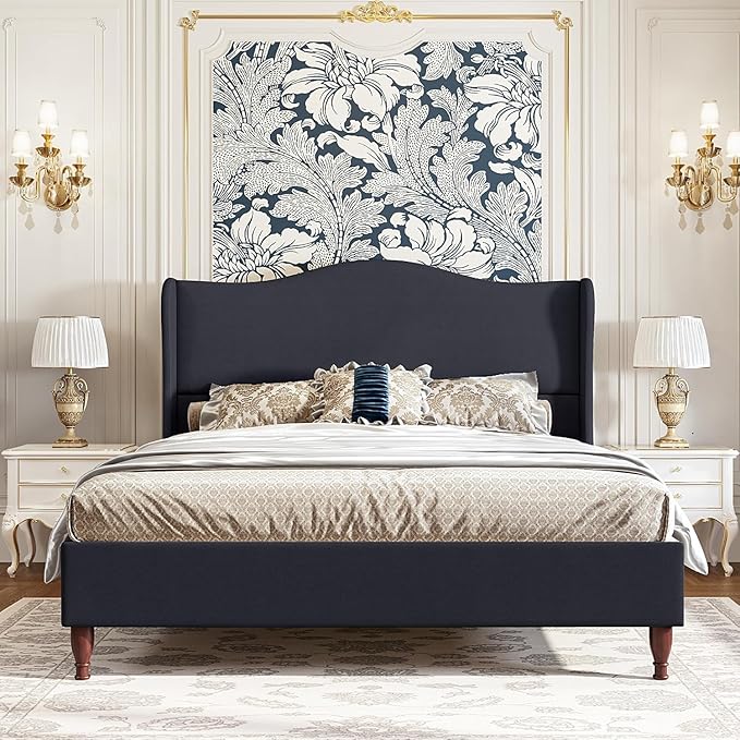 koorlian Full Size Bed Frame Upholstered Platform Bed with 51'' Tall Fabric Headboard and Wooden Slats Support, Retro Minimalist Style/Fully Upholstered/Easy Assembly, Dark Navy