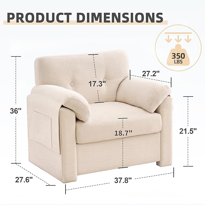 Howjoe Chenille Oversized Armchair, 37.8" Wide Accent Chairs for Living Room & Bedroom Modern Lounge Chair, Upholstered Mid-Century Reading Chair with Arm Pocket, Comfy Living Room Chair, Beige