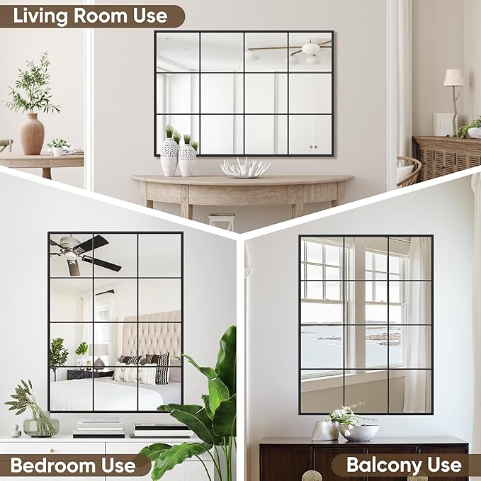 Suidia Wall Mirror, 24" x 36" Window Decorative Mirrors, Metal Framed Wall Decor Wall-Mounted Mirrors for Bedroom, Living Room, Entryway, Black