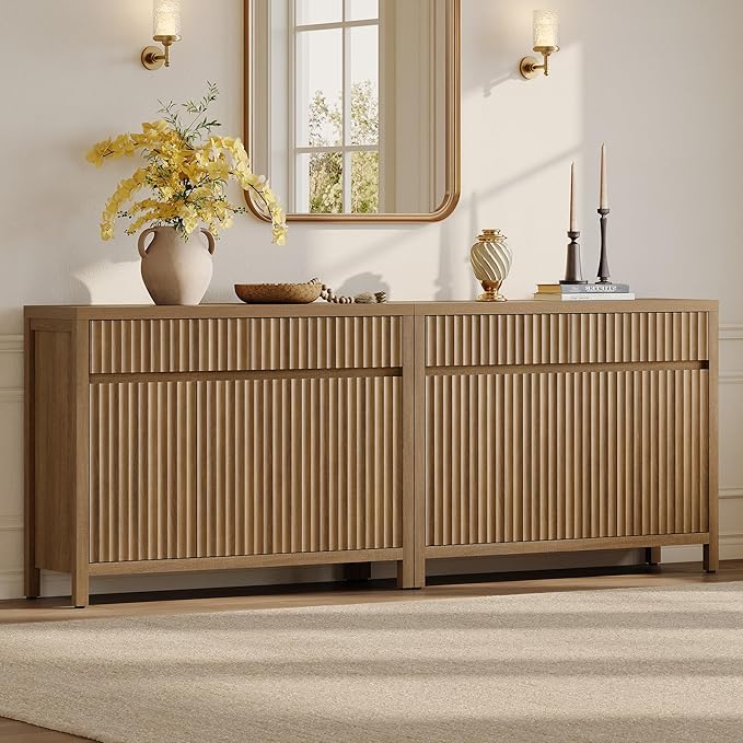 SICOTAS Fluted Sideboard Buffet Cabinet with Storage – Extra Large Credenza Accent Cabinet with 2 Drawers and 3 Doors, 84" Modern Entryway Cabinet Console with Adjustable Shelves for Living Room