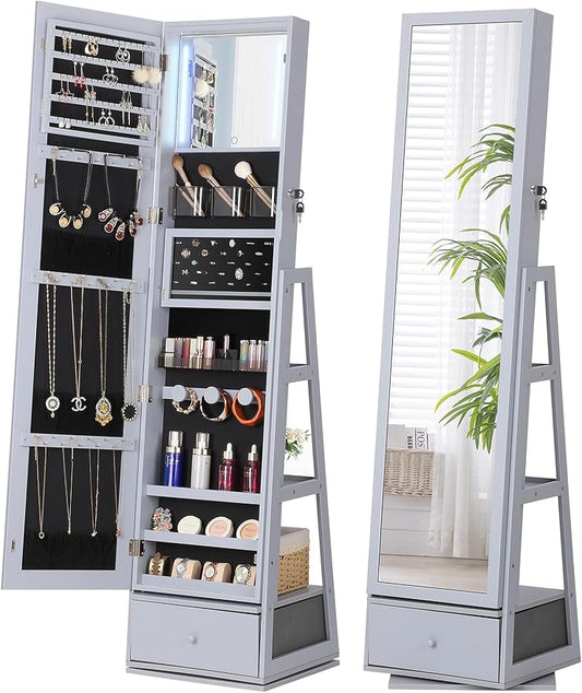 Nicetree 360° Swivel Jewelry Cabinet with Lights, Mirror Jewelry Cabinet Standing, Interior Vanity Mirror, Rotatable Full Length Mirror with Jewelry Storage, Standing Jewelry Armoire Organizer, Grey