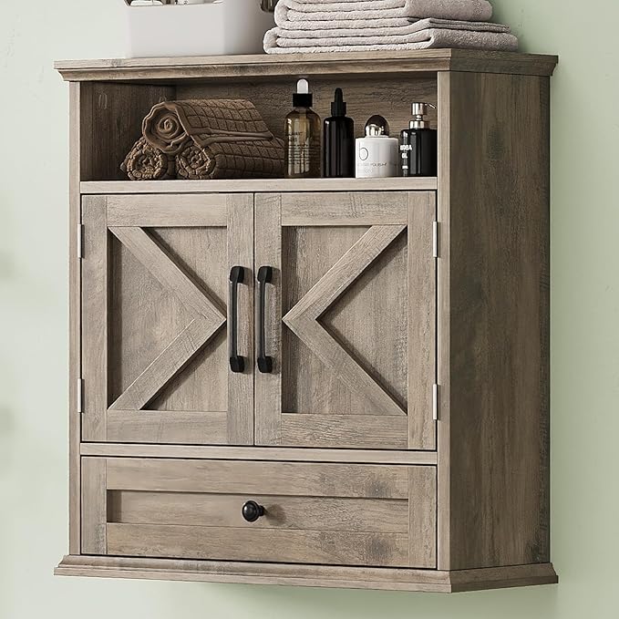 Bathroom Wall Cabinet, Wall Mounted Medicine Cabinet with Drawer, Barn Door & Adjustable Shelf, 24.4"H x 23.6"W x 9"D Grey Over Toilet Farmhouse Storage Cabinet for Kitchen, Laundry, Entryway