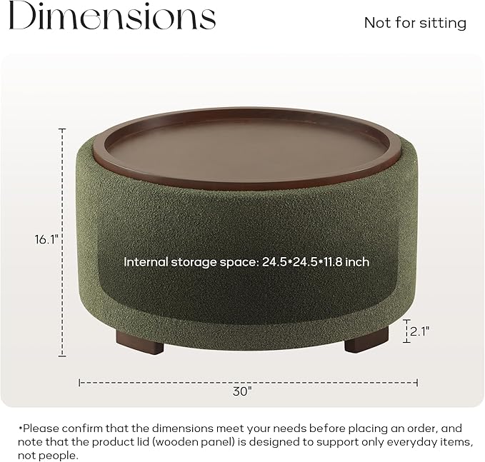 Zihanhome 30 Inch Round Storage Ottoman Coffee Table, Modern Boucle Ottoman with Lift-Off Lid and Solid Wood Legs for Living Room, Bedroom, Corners, Apartments (Green)