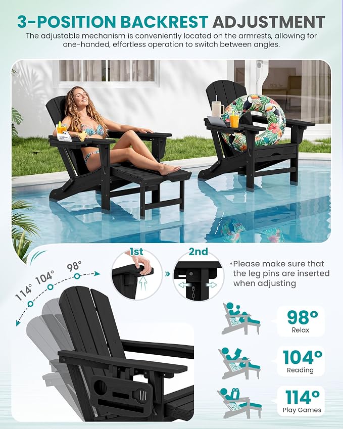 SERWALL Folding Adjustable Adirondack Chair with Footrest, HDPE Outdoor Chair with 4-in-1 Cup Holders, All Weather Adirondack Chair with Ottoman, Black