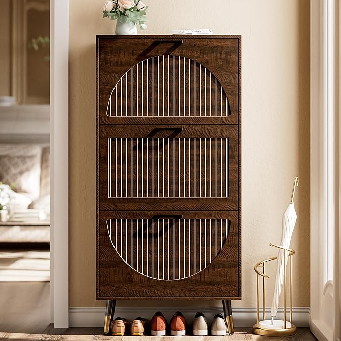 Farmhouse Shoe Cabinet Storage for Entryway, Slim Shoe Rack Cabinet with 3 Flip Drawers, Narrow Shoe Organizer Cabinet with Stylish Round Panel, Metal Leg and Handle