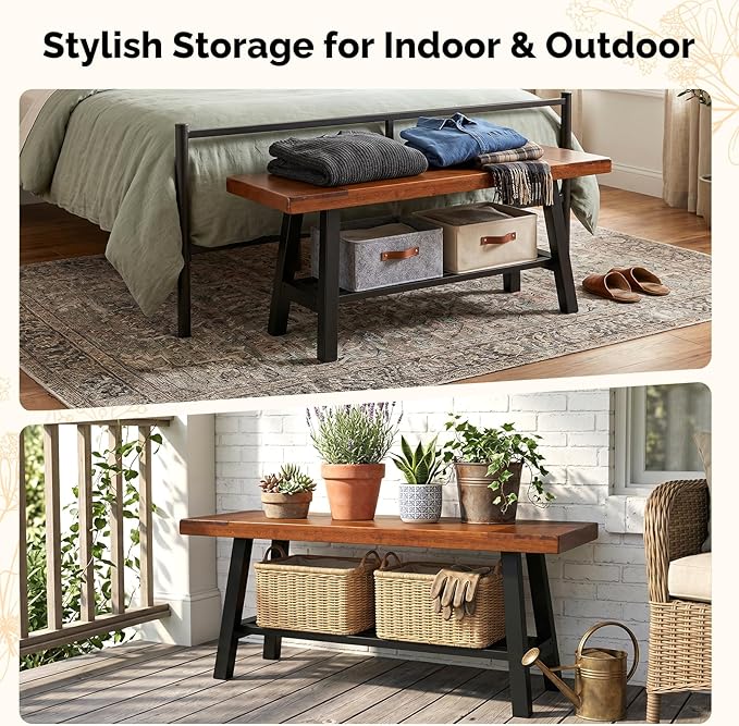 VINGLI 40in Storage Bench, Solid Wood Seat with Metal Storage Shelf, Weather Resistant High Capacity Indoor Outdoor Dining Benches, Sturdy Shoe Rack Bench for Entryway Mudroom Porch