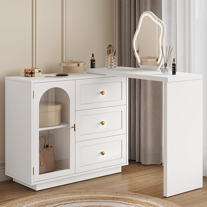 RoyalCraft 59” Makeup Vanity Desk, White Vanity Dresser Combo, Modern Dressing Table with 3 Drawer & 1 Door, Vanity for Bedroom, L Sharped Corner Table for Working, Drawing, Nail Care (Without Mirror)