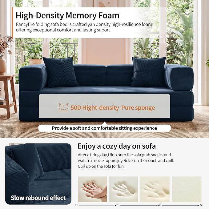 78.8" Convertible Sofa Bed with Armrest Pillow, 4-in-1 Sleeper Couch Bed for Livingroom, Modular Corduroy Boneless couches, No Assembly (Blue)