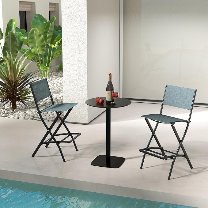 Giantex Folding Patio Bar Chairs Set of 2, Outdoor Counter Height Bar Stools with Footrest & Back, All-Weather Resistant, Metal Frame, for Porch Deck Lawn Garden, Light Blue