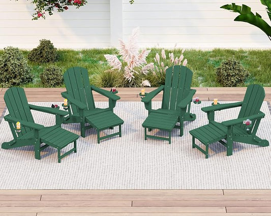 KINGYES Folding Adjustable Adirondack Chair with Retractable Ottoman Set of 4, HDPE Adirondack Recliner Chair with Footrest, Green