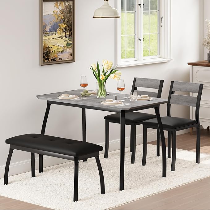 IDEALHOUSE 43'' Dining Table Set for 4, Wooden Kitchen Table with Upholstered Bench & 2 Cushion Chairs, Industrial Dinette Set for Studio, Kitchen, Dining Room, Apartment, Gray