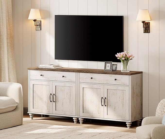 WAMAPT Modern Buffet Cabinet with 4 Doors and 2 Drawers, Large Coffee Bar Table Wood Kitchen Storage Cabinets, Farmhouse Sideboard Credenza for Dining Room, Rustic White