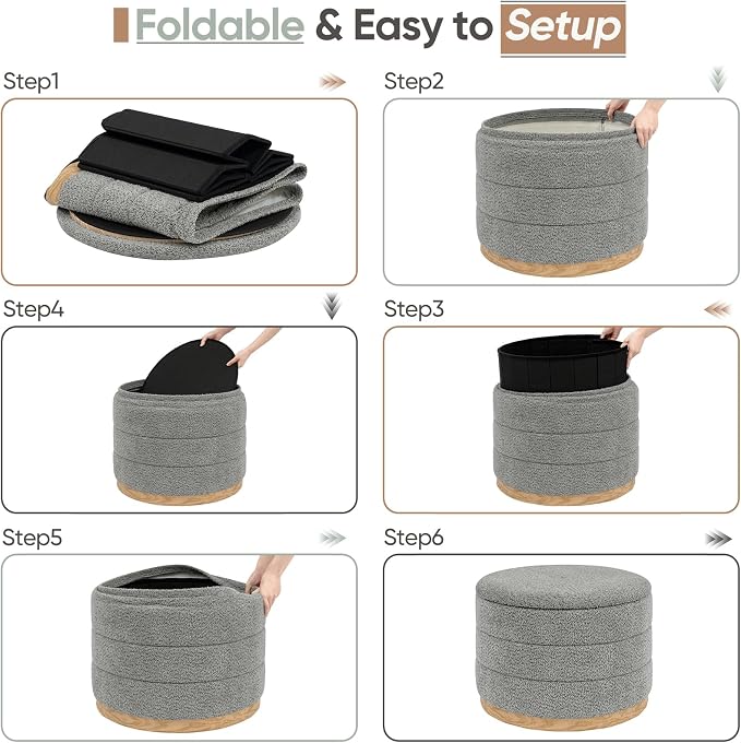 Round Storage Ottoman with Tray Lid, Folding Chenille Fabric Footrest with Hidden Storage, 22.8" Large Footstool Side Table for Dorm Living Room Bedroom, Wood Grain Base, Grey