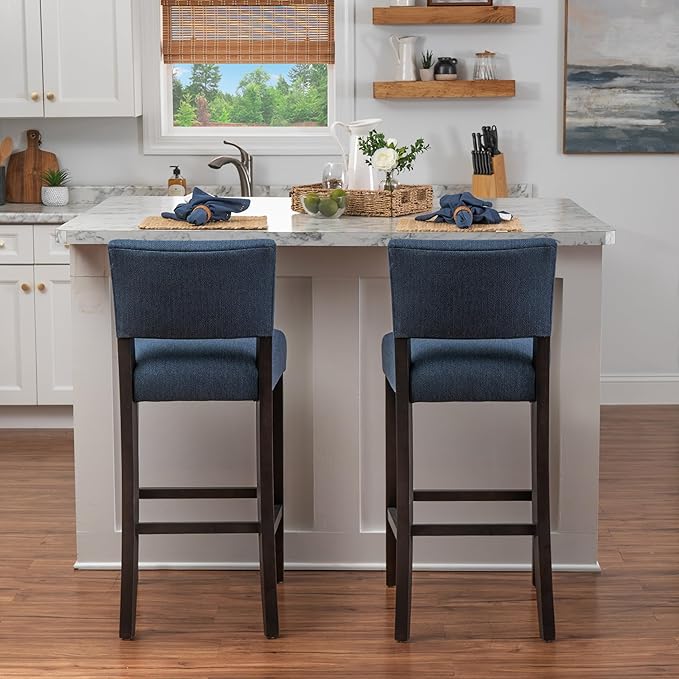 Linon Boone Blue and Brown Fully Assembled 30 Inch Seat Height Barstool Set of 2 with Extra Padded Seat