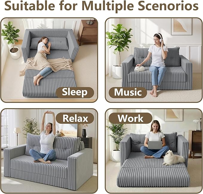 HABUTWAY 41.3" Loveseat Boneless Couch, 4-in-1 Convertible Sofa Bed, Plush Fur Folding Futon Sofa Bed Couches with a Pillow for Living Room, High-Density Foam Support, No Assembly Required, Light Grey