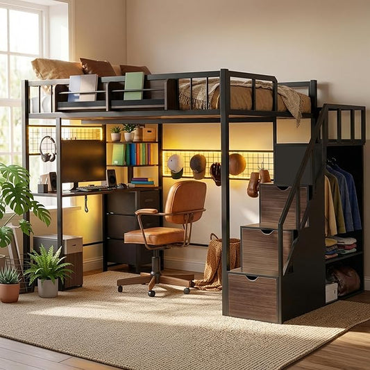 Kikihouse Twin Loft Bed with Desk, Storage Stairs & Wardrobe, Metal Loft Bed Frame w/Headboard, Bedside Shelf, Charging Station & 6 Drawers, LED Gaming Bed for Adult Space-Saving, Black & Walnut