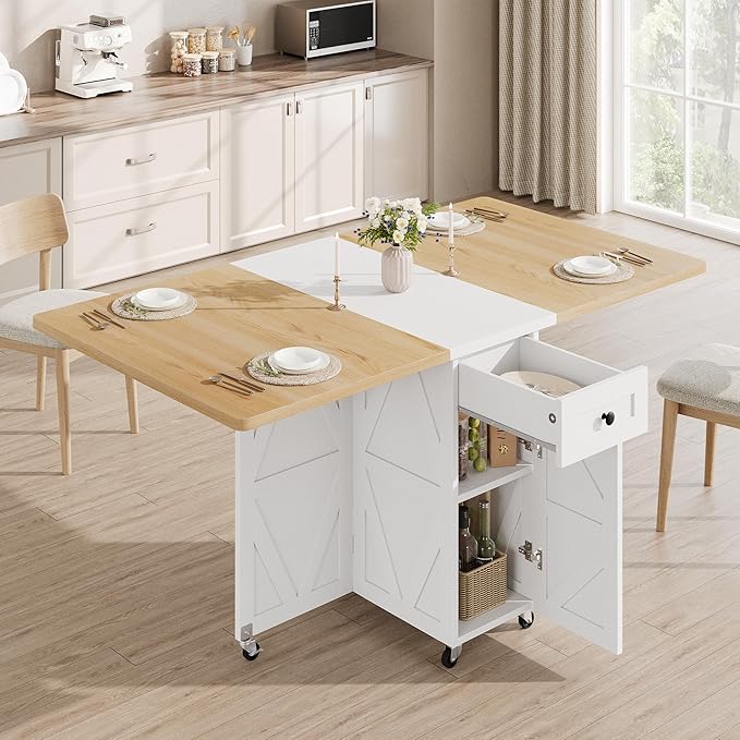 Folding Dining Table for Small Spaces, Space Saving Foldable Kitchen Table with Drawer & Storage Shelf, Rolling Drop Leaf Dining Table with Wheels for Dining Room (Natual 47.2" x 23.6" x 29.5")