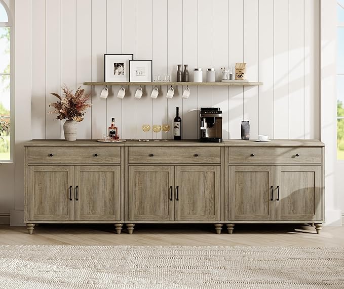 WAMAPT Buffet Cabinet with 6 Doors and 3 Drawers, Large Coffee Bar Table Wood Kitchen Storage Cabinets with Storage Cabinets, Modern Farmhouse Sideboard Credenza for Dining Room, Wash Grey, 101 inch