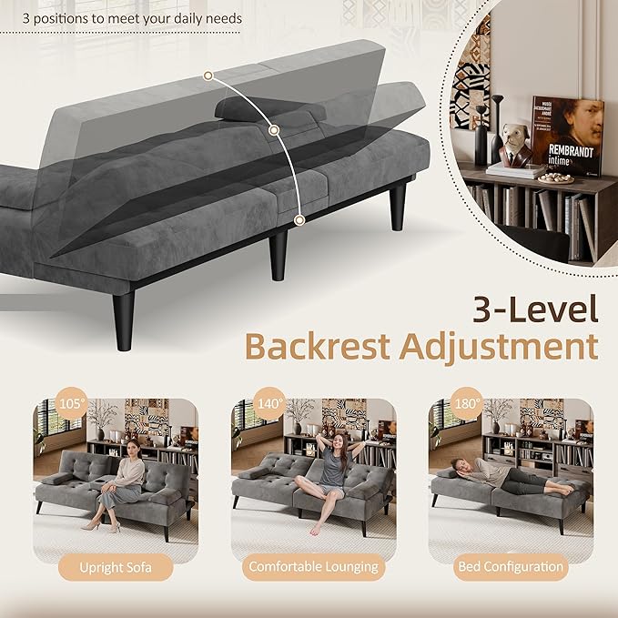 Shintenchi Futon Sofa Bed, Velvet Foldable Couch, Reclining Sleeper with Removable Armrests, Upholstered Loveseat Sofa Couch with Folding Cup Holders for Home, Office, Dark Grey