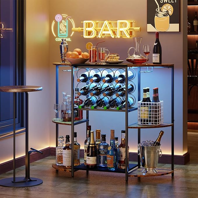 JKsmart Wine Bar Cart with LED Lights, Mini Wine Rack with Storage and Glass Holder, Small Home Bar Cart for Liquor, 3-Tier Bar Table for Kitchen, Dining Room, Living Room, Rustic Brown