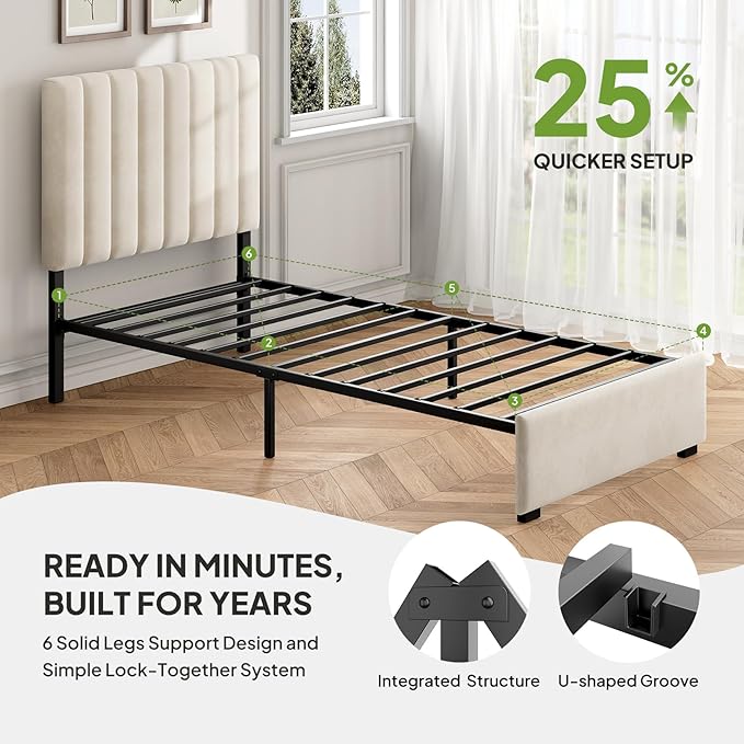 Welzona Twin Size Bed Frame with Headboard, Kids Velvet Upholstered Metal Platform Bed with Vertical Channel Tufted Headboard, 3-Level Height, Metal Slat Support, Noise-Free Easy Assembly, White