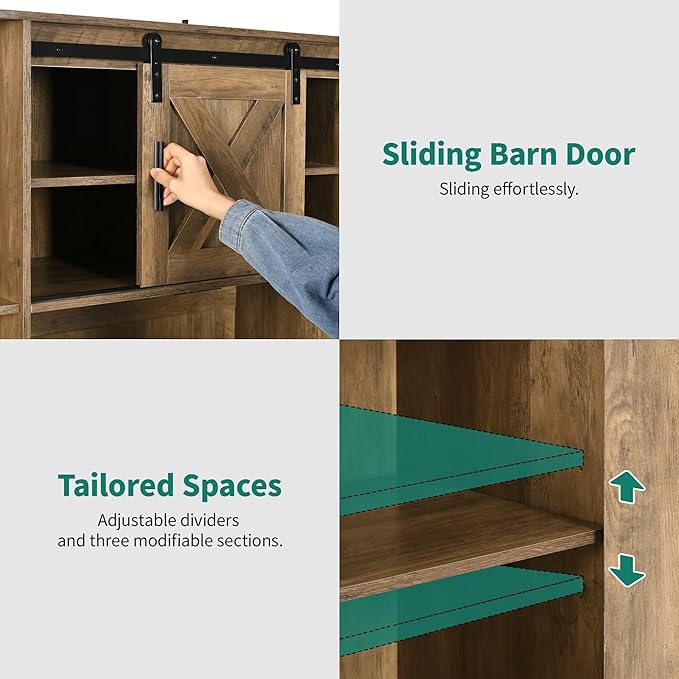 YITAHOME 67" Farmhouse Kitchen Pantry with Power Outlet, Sliding Barn Door Storage Cabinet w Charging Station, Freestanding Hutch with Shelves & Drawer, Microwave Stand Cupboard for Dining Room, Oak