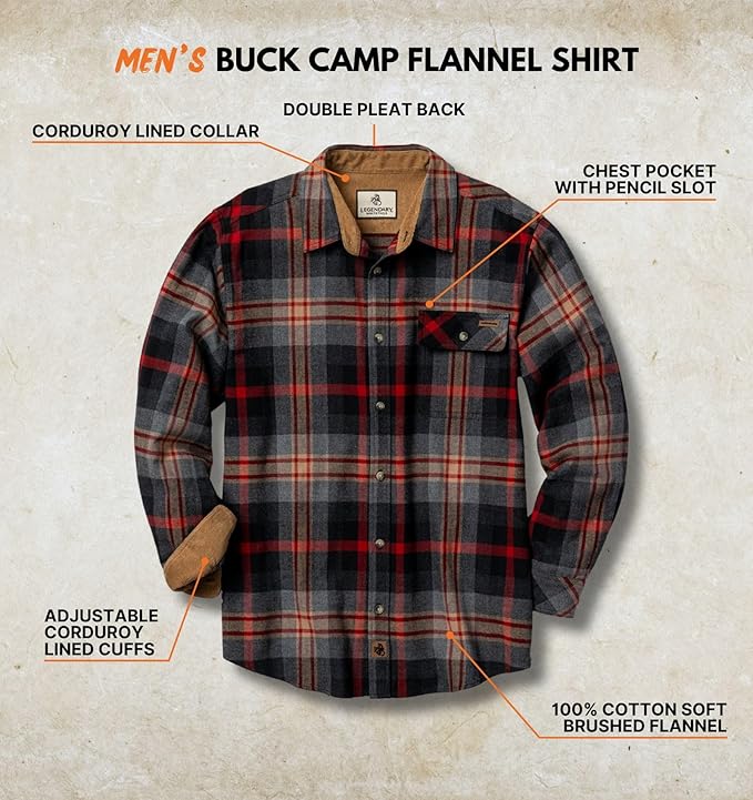 Legendary Whitetails Mens Long Sleeve Button Down 100% Cotton Flannel Shirt