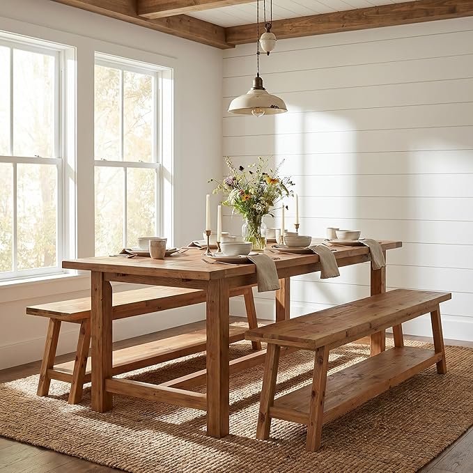 Set of 2 63” Wood Dining Room Bench, Farmhouse Kitchen Bench with Storage Shelf, Solid Wood Rusit Backless Bench for Dining Table, Extra Long Seating for Kitchen Room
