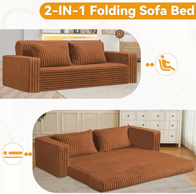 HABUTWAY 78" Loveseat Boneless Couch, 4-in-1 Convertible Sofa Bed, Plush Fur Folding Futon Sofa Bed Couches with 2 Pillows for Living Room, High-Density Foam Support, No Assembly Required, Orange