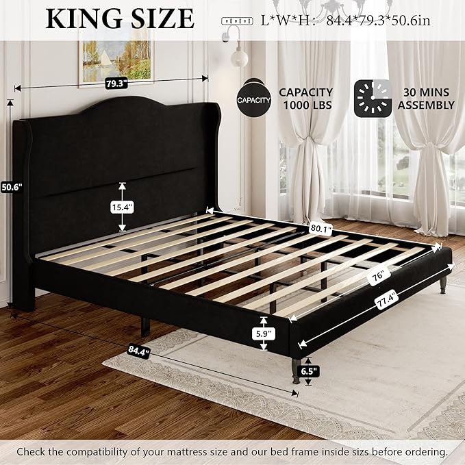 King Size Bed Frame with Wingback Headboard, Upholstered Velvet Platform Bed Frame Easy Assembly, Heavy Duty Wooden Slats Support, Noise-Free, No Box Spring Needed, Minimalist Style, Black