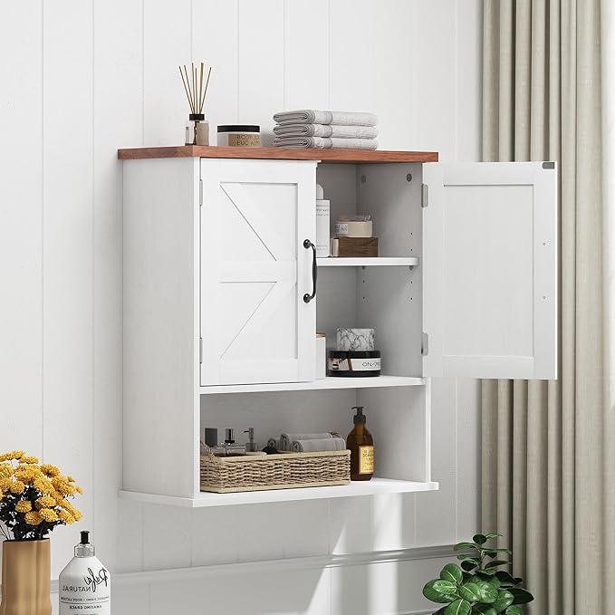 Smuxee Farmhouse Bathroom Cabinet Wall Mounted, White Small Medicine Cabinet with Adjustable Shelf, Bathroom Cabinet for Living Room, Laundry Room