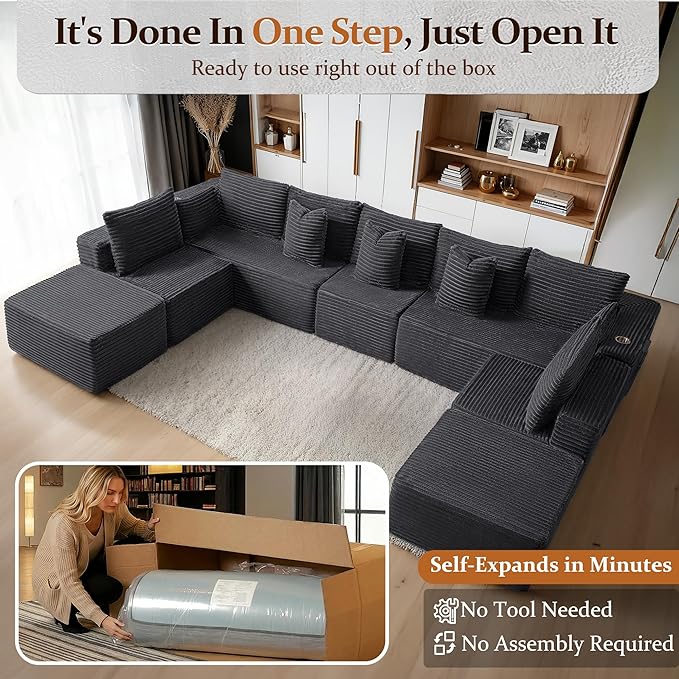 168" Cloud Sectional Couch, Comfort U Shaped Sofa for Living Room, Extra Deep Seats No Assembly, Minimalist Modular Couch, Corduroy (Dark Grey, 9 Seats,U-Shape A)