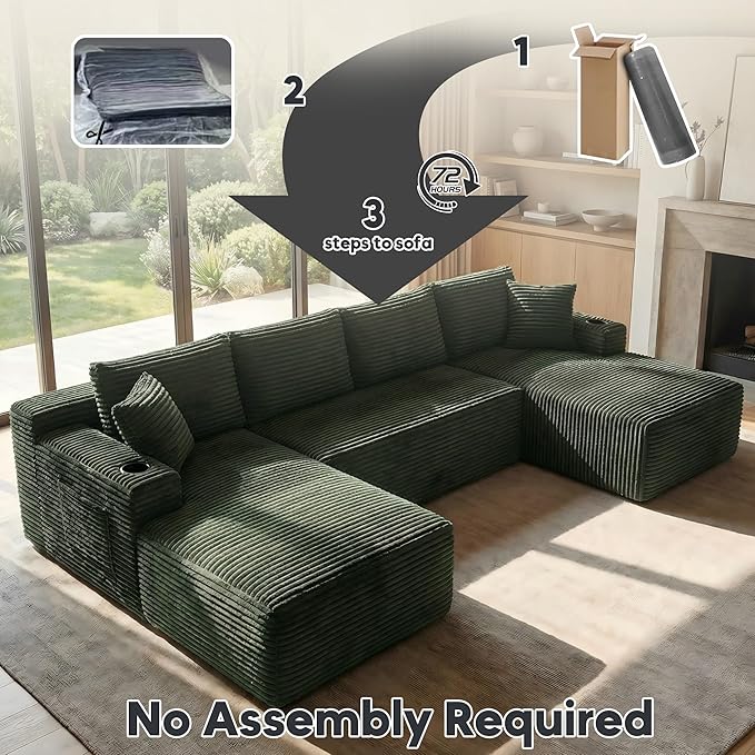 125 Inch Modular Sectional Sofa, Cloud Couch Oversized U Shaped Corduroy Sofa with Storage & Cupholders, Modern Deep Seat Boneless Couches for Living Room, No Assembly Required, Green