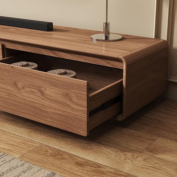 Wood Base TV Stand, Mid-Century Modern Media Console with 3 Storage Drawers, Fits 65–100 Inch TVs, Low Profile Entertainment Center for Living Room(Walnut, 78.74", Floor Standing (Wood Base))