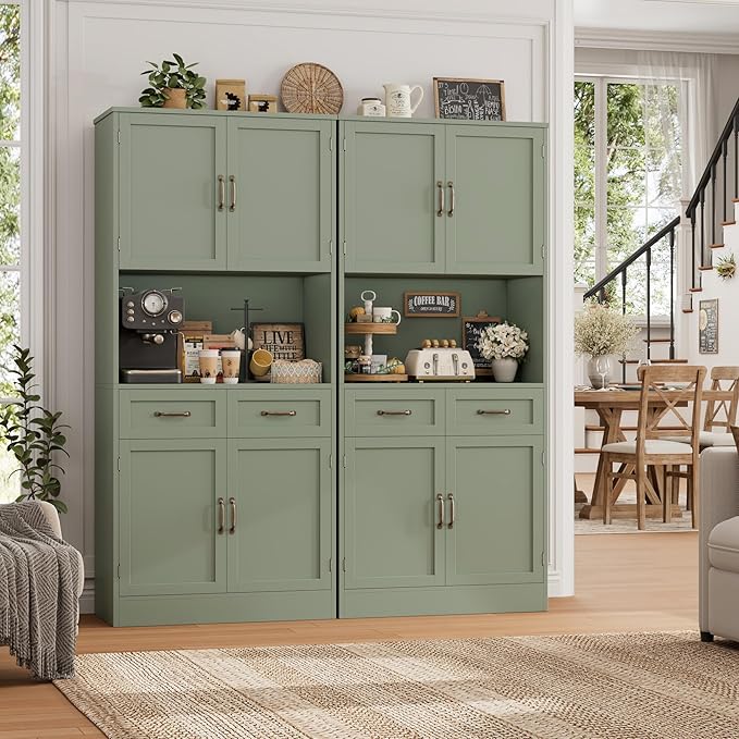 HOSTACK 71“ Tall Kitchen Pantry Storage Cabinet, Modern Kitchen Hutch Bar Cabinet with Microwave Stand, Wood Buffet Sideboard with Hutch, Cupboard with Drawers, Shelves for Dining Room, Green