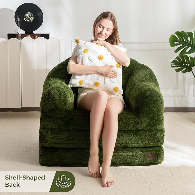 MAXYOYO Folding Sofa Bed, 2 in 1 Convertible Sofa to Lounger Comfy Single Bean Bag Chair for Adults, Floor Sleeper Couch with Handle, Faux Fur Couch Bed for Living Room Bedroom, Green