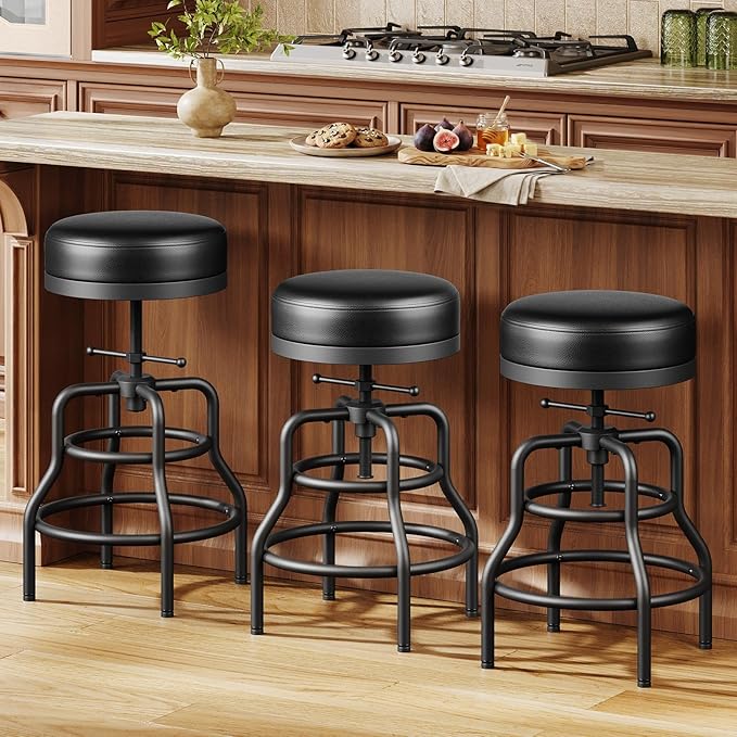 Raynesys Adjustable Height Swivel Bar Stools Set of 3, 22-29 Inch Industrial Vintage Bar Counter Height Stools with Thicken Premium Bonded Leather Seats & Updated Footrests, Easy Assembly, Black
