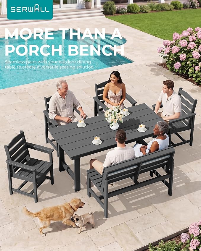 SERWALL Outdoor Bench, All Weather HDPE Outdoor Benches, 2-Person Armless Porch Bench with 600 lbs Weight Capacity, Patio Benches for Outdoors, Porch, Park and Dining, Grey, 2 Pack