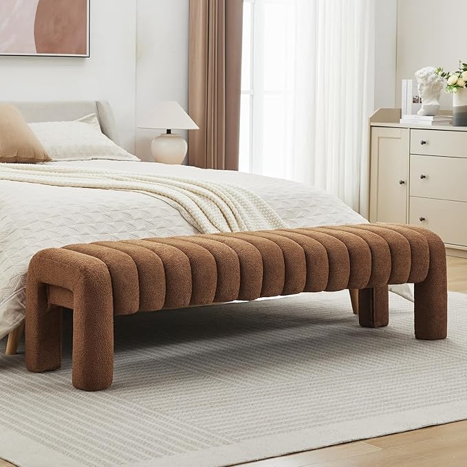 63" Bedroom Bench, Upholstered Entryway Bench, Modern End of Bed Ottoman with Solid Wood Legs and Adjustable Foot Pegs for Entryway, Dining Room and Living Room (Rust Brown Boucle)