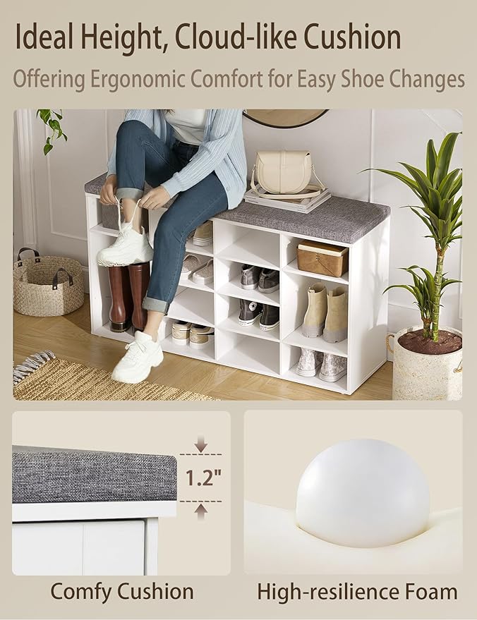 DINZI LVJ Shoe Storage Bench with Cushion, 16-Cubby Shoe Rack, Adjustable Shelves, Multifunctional Shoe Organizer Bench for Entryway, Mudroom, Hallway, Living Room, Bedroom and Garage, White