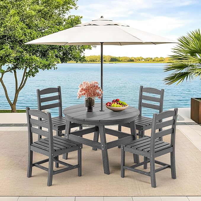 Pamapic 5 PCS Round Outdoor Dining Set, HDPE Outdoor Table and Chairs with 105° Ergonomic Backrest, Wood Grain Patio Dining Table with Umbrella Hole, Gray
