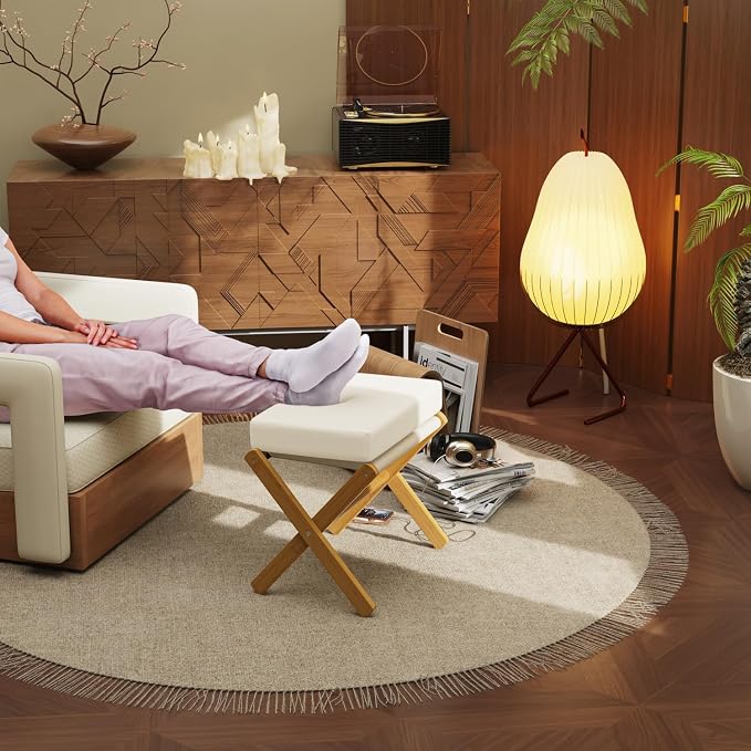 BAMBOOHOMIE Foldable Foot Stool Ottoman, Modern Foot Rest with Bamboo X Legs & Thick Foam Cushion, Folding Foot Stools Small Padded for Bedroom Living Room, Footstool for Chair Couch (Natural - Beige)