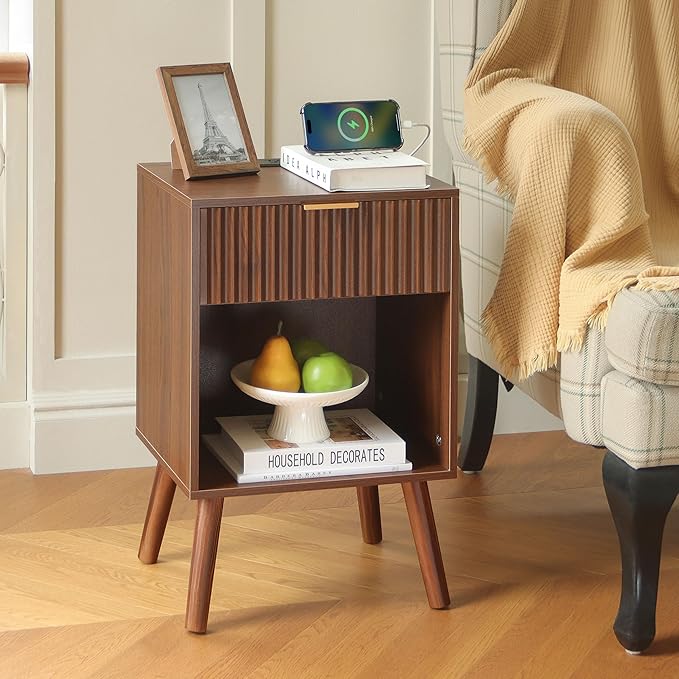 Fultyle Nightstand with Charging Station, Fluted Night Stand with USB and Type C Ports, Mid Century Modern Bedside Table with Drawer and Storage Shelf for Bedroom, Living Room, Office (Walnut Brown)